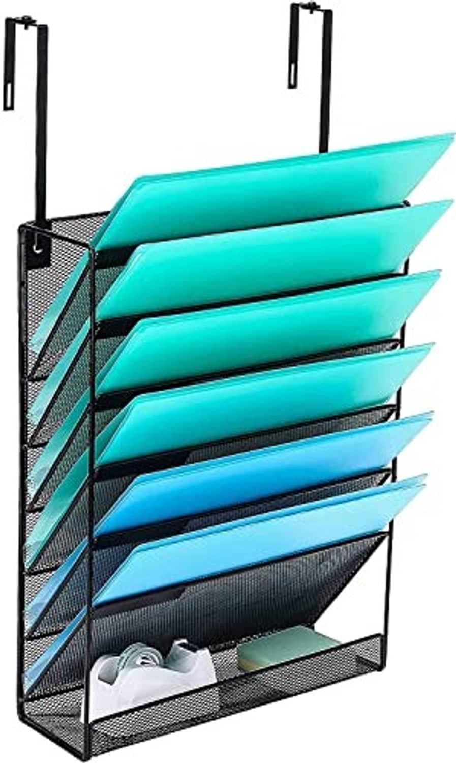 Wall-mounted mesh file organizer with teal document trays and open bottom tray