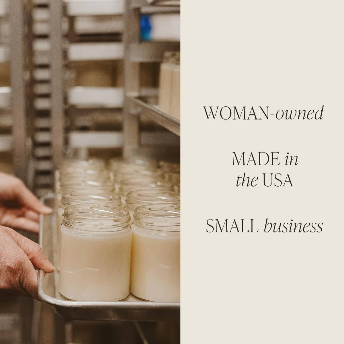 Candle brand info graphic: woman-owned, made in the USA, small business