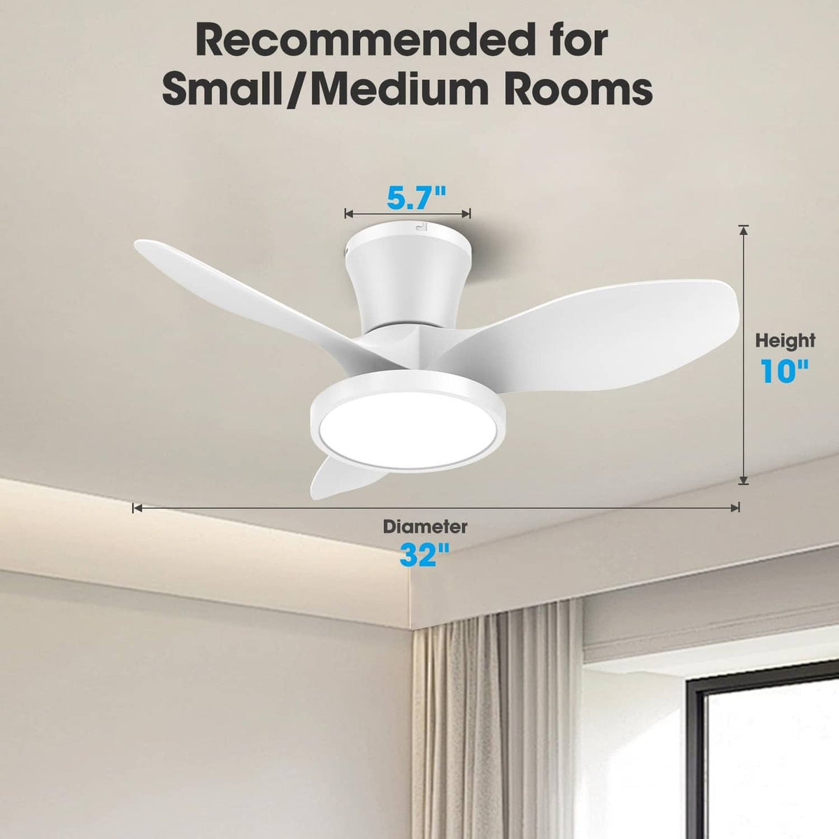 White 32-inch ceiling fan with LED light and 5 blades, size marked