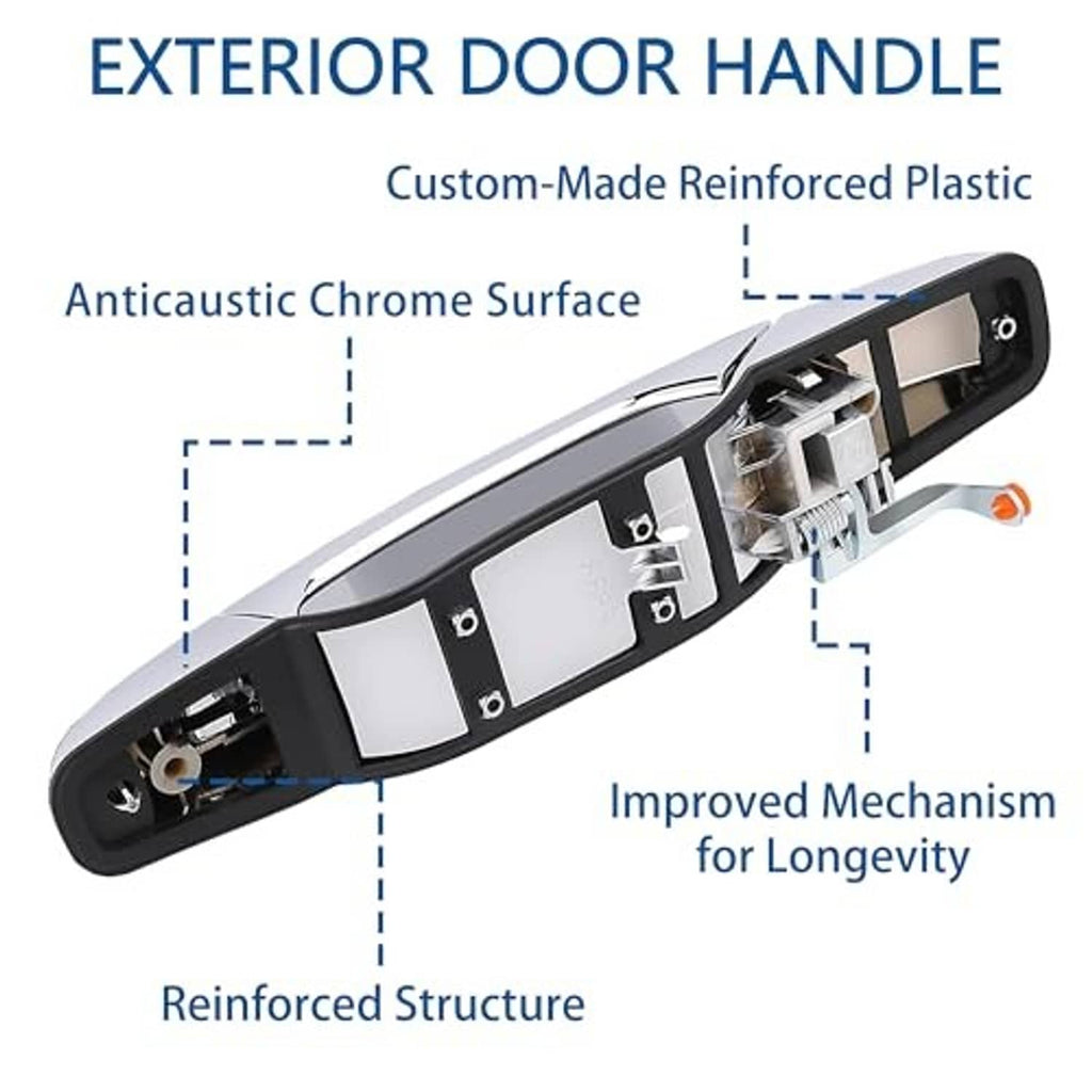 Exterior chrome door handle with interior mechanism cutaway and black mounting base
