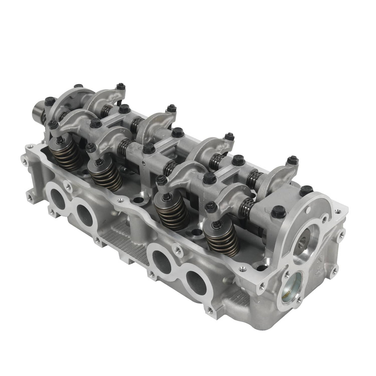 Complete cylinder head assembly with valve springs, rocker arms, and side ports