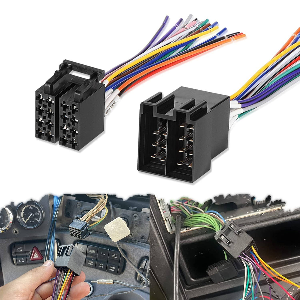 16-pin ISO radio harness adapter with dual black connectors and color-coded wires
