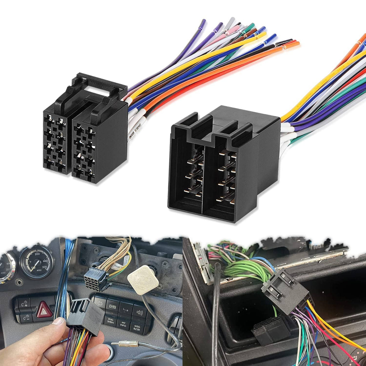 16-pin ISO radio harness adapter with dual black connectors and color-coded wires