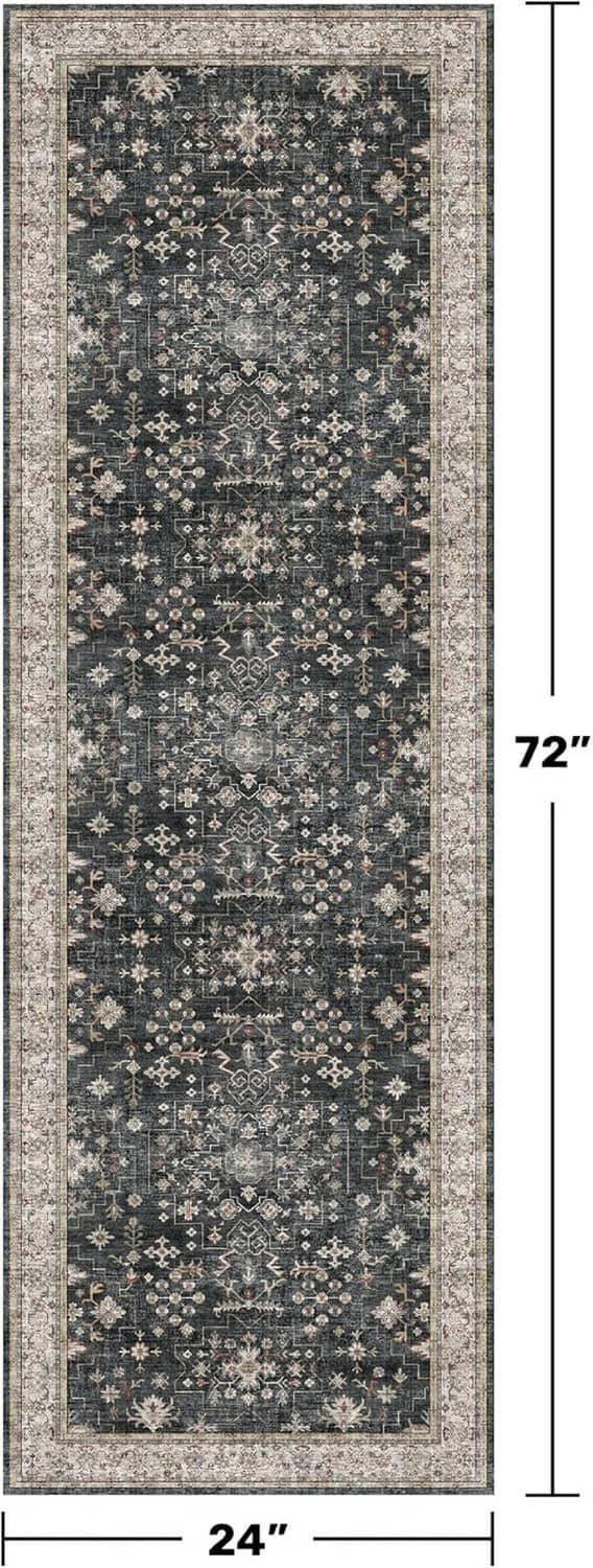 Dark boho runner rug with light border and ornate motifs, 24 x 72 in