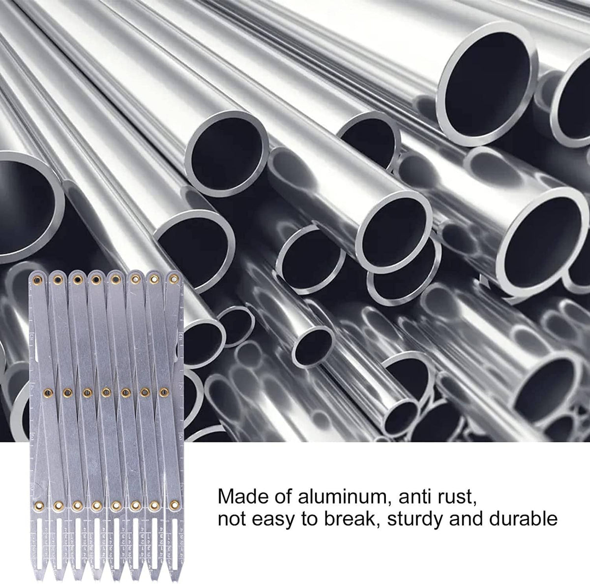 Aluminum sewing gauge on silver metal tubes, with brass pin points along plates