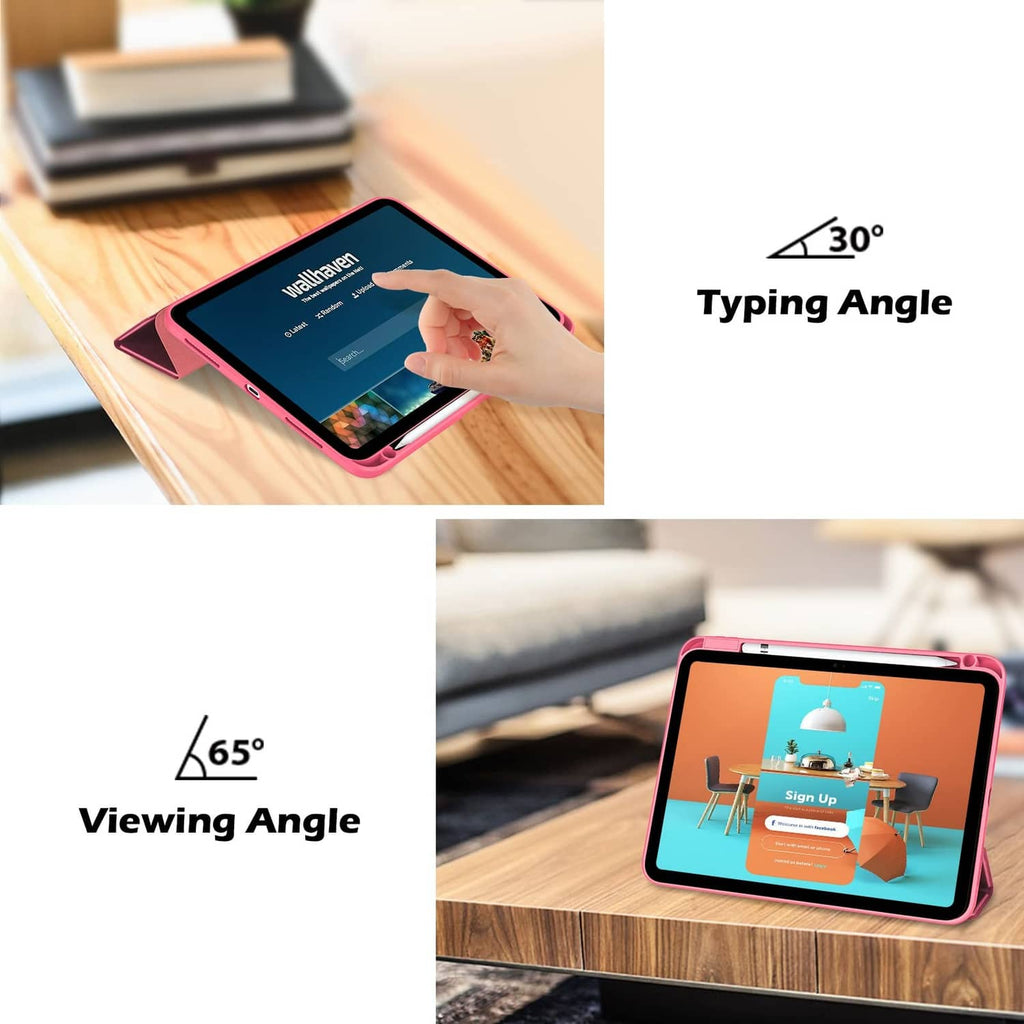 Pink iPad case standing at 30-degree typing and 65-degree viewing angles