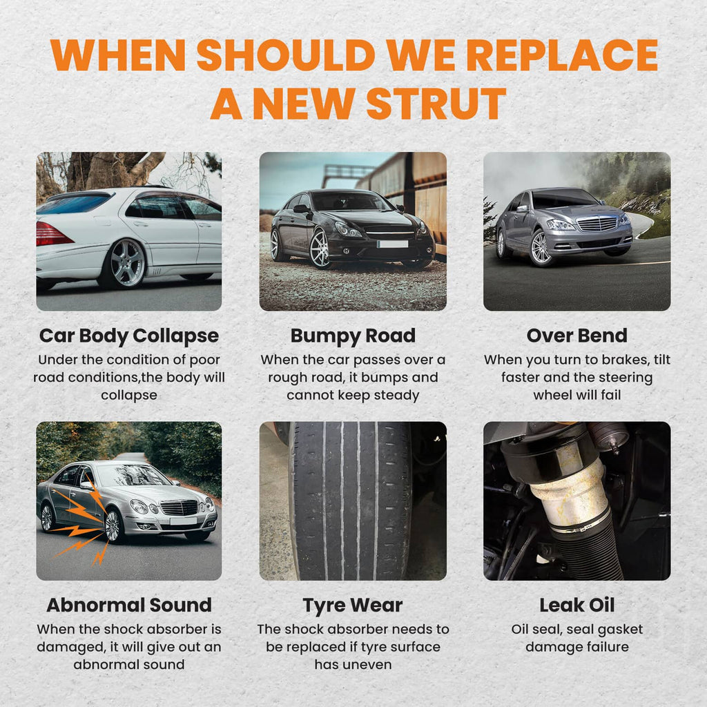 Air strut replacement infographic showing black-and-silver strut shock components