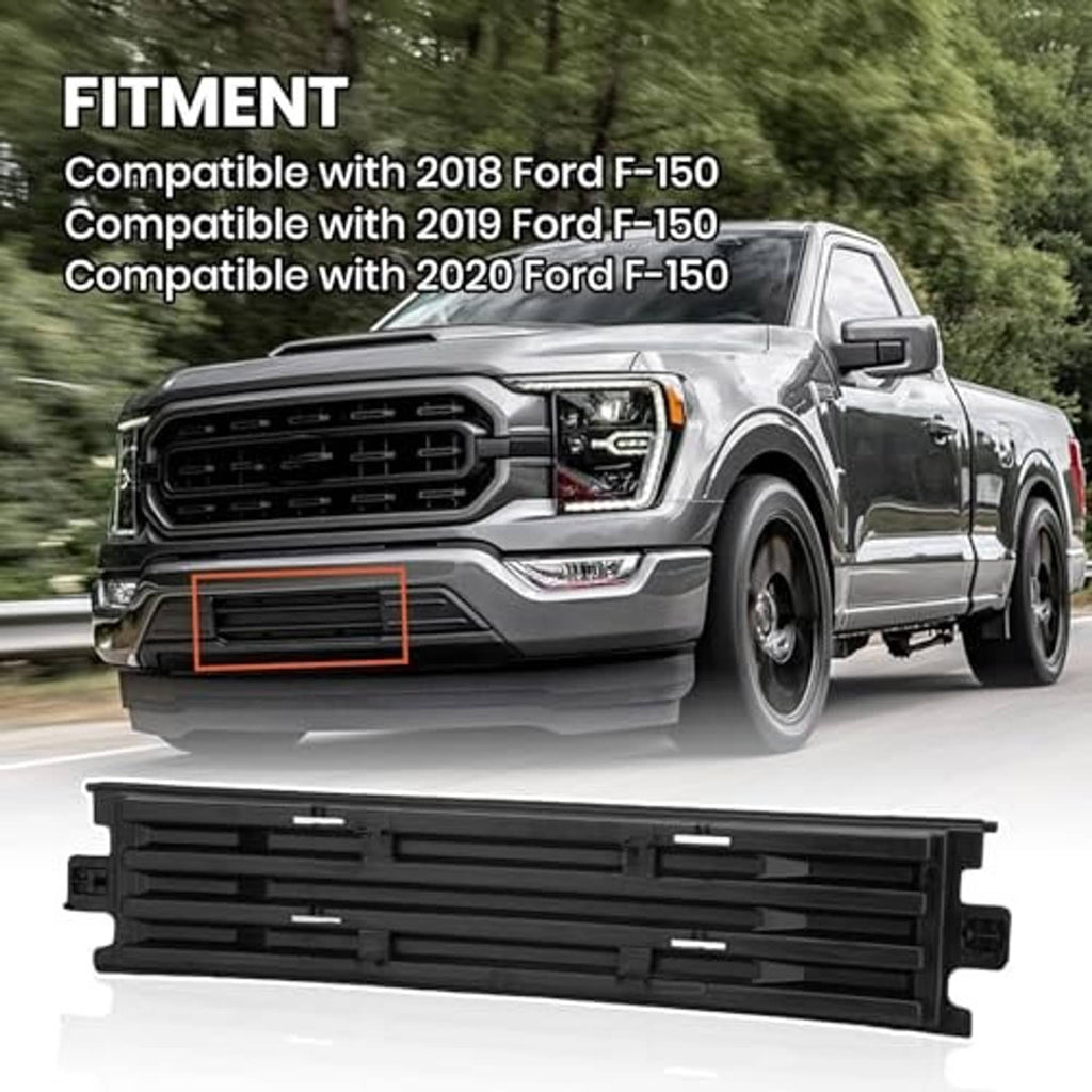 Black front bumper grille trim insert with horizontal slats, rectangular opening