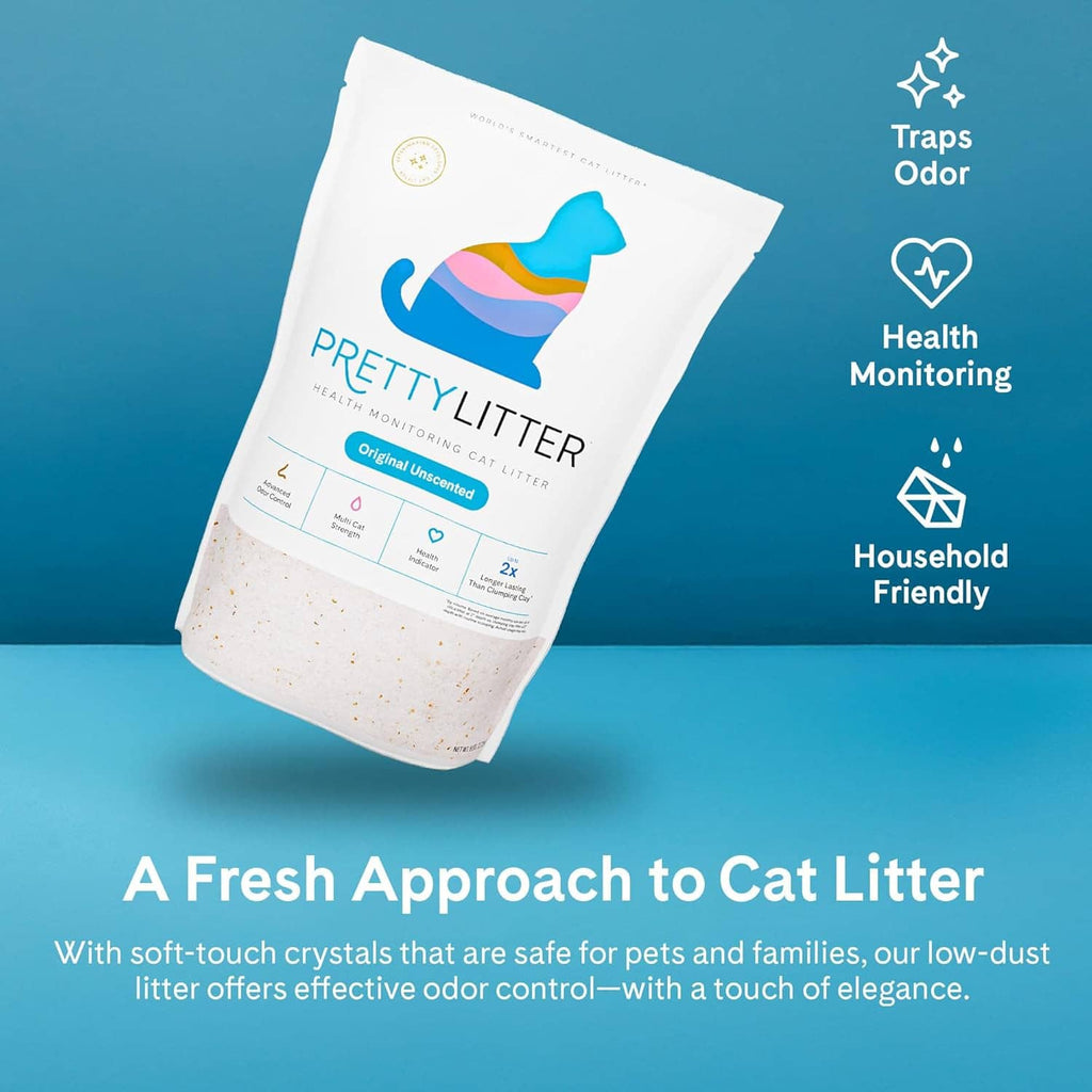 Prettylitter cat litter bag tilted on blue background, original unscented, non-clumping