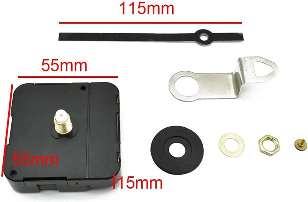 Clock movement replacement case and parts, shown with 55mm and 115mm labels