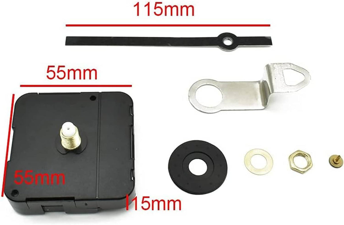 Clock movement replacement case and parts, shown with 55mm and 115mm labels