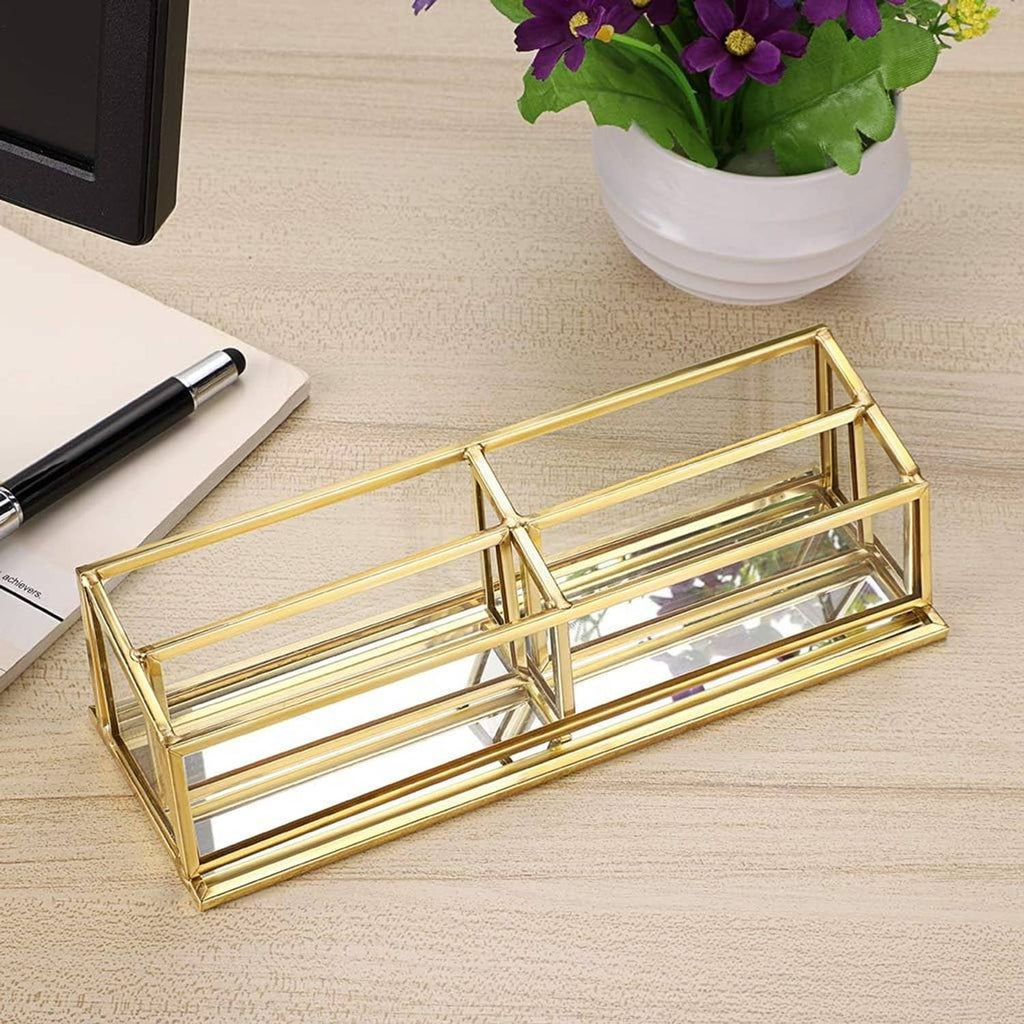 Gold 4-slot business card holder with clear glass panels and metal divider frame
