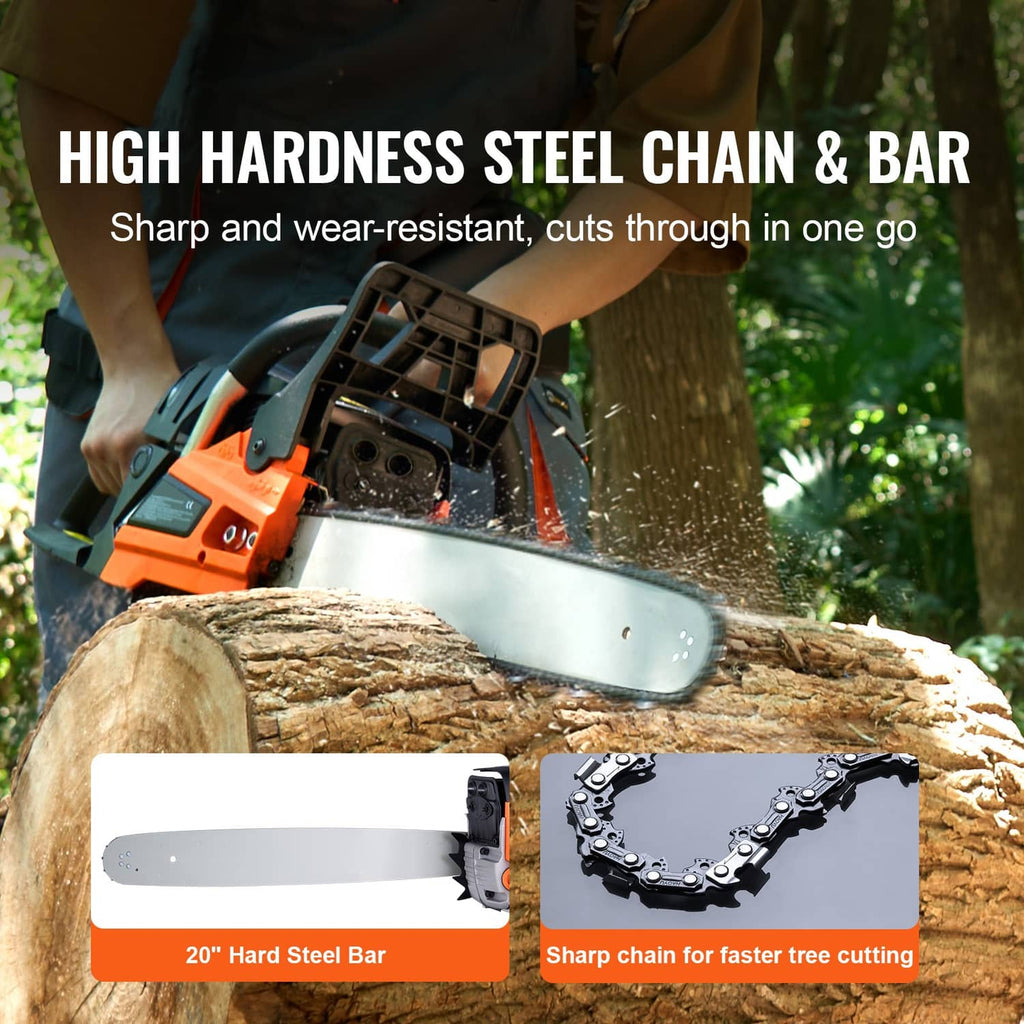 Orange and black 20 in gasoline chainsaw on wood with steel bar and chain