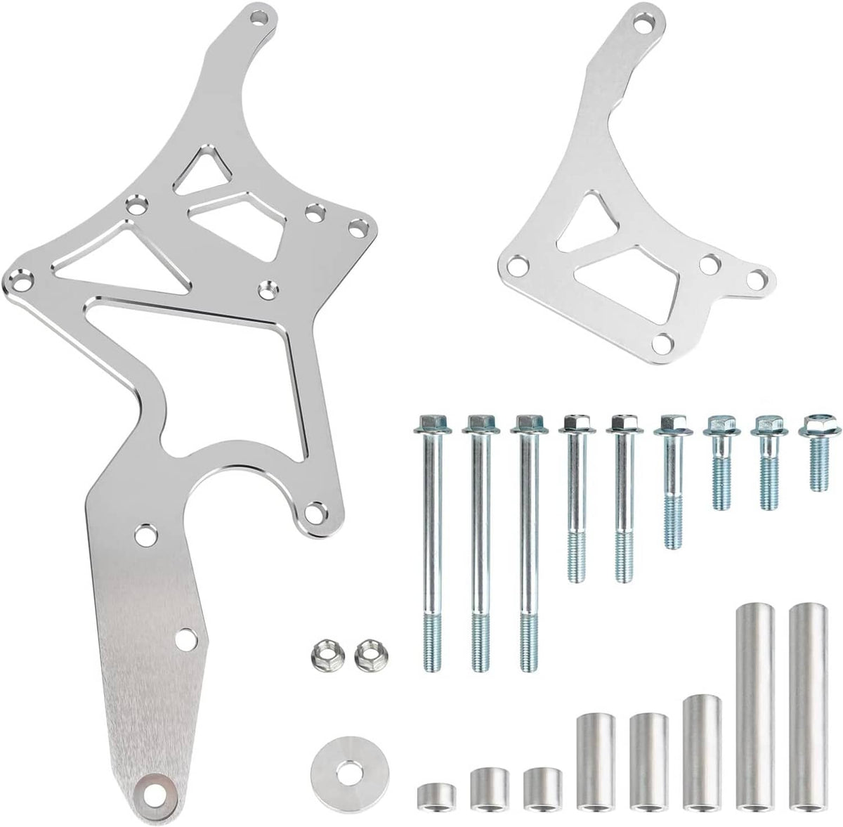 Pair of silver aluminum serpentine brackets with mounting holes and included hardware