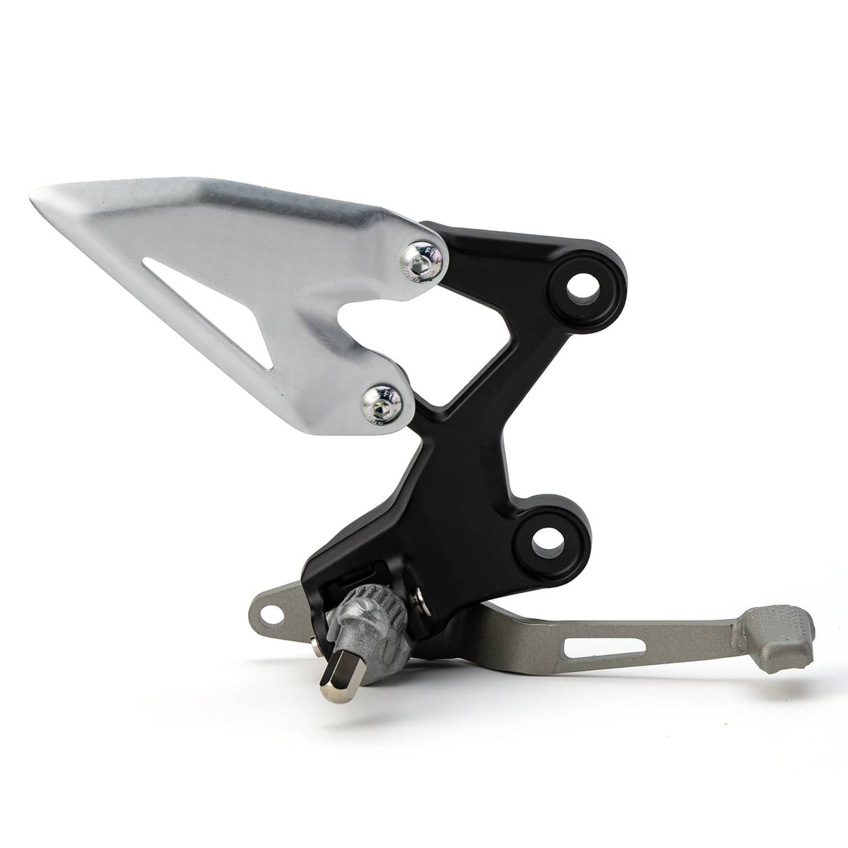 Motorcycle driver foot peg bracket with spring-loaded linkage and silver mounting bolts