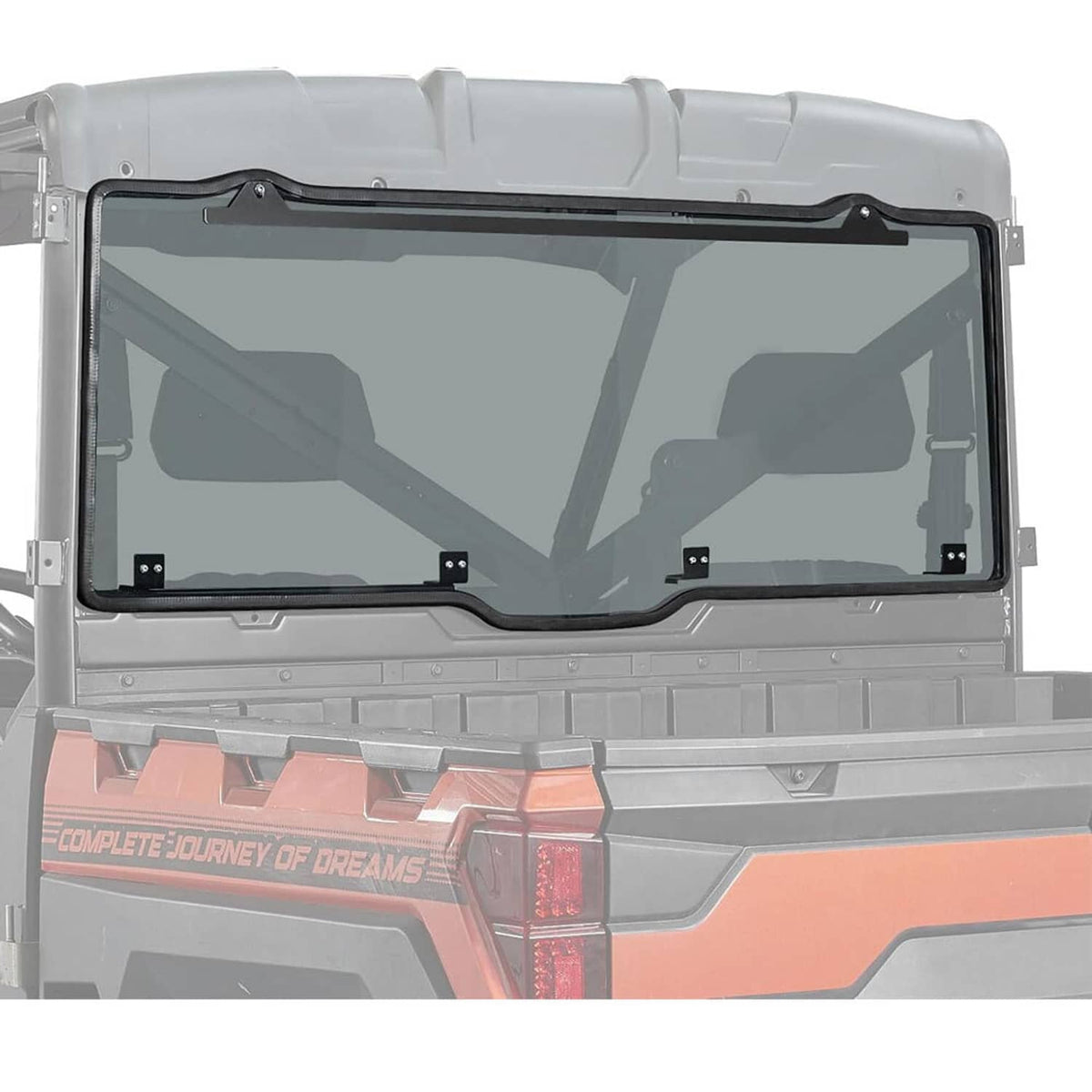 Rear back windshield window with dark tinted glass and black mounting frame