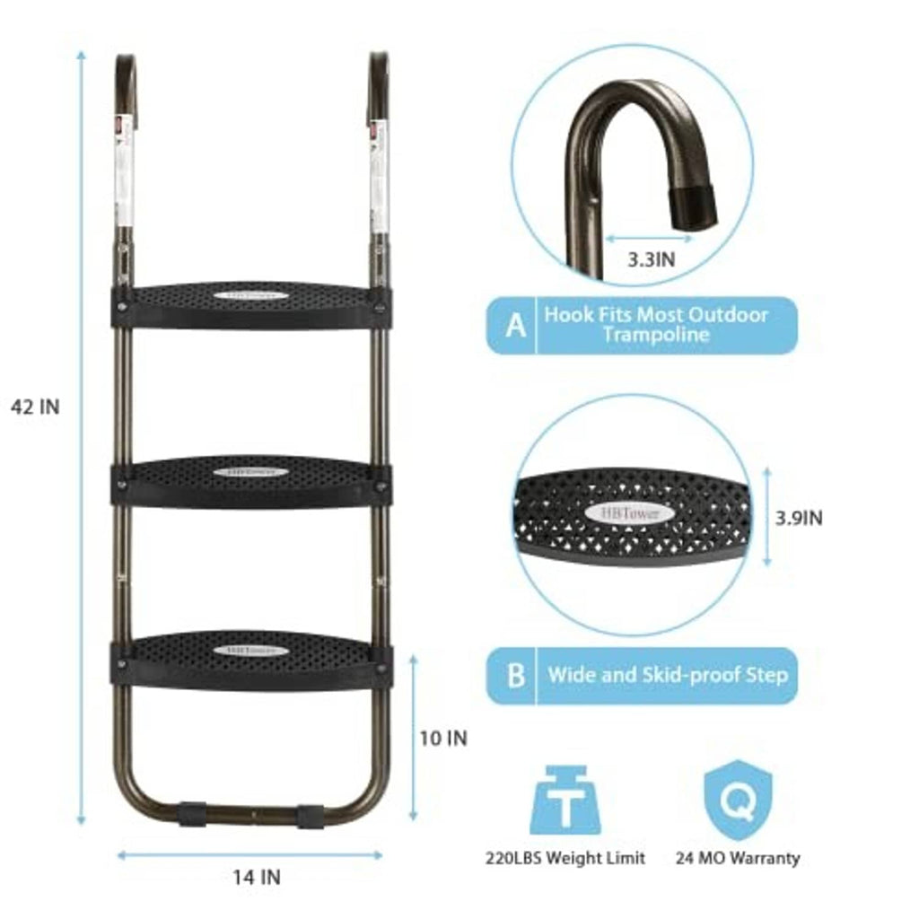 3-step trampoline ladder with dark wide steps, curved base, and hooked handles