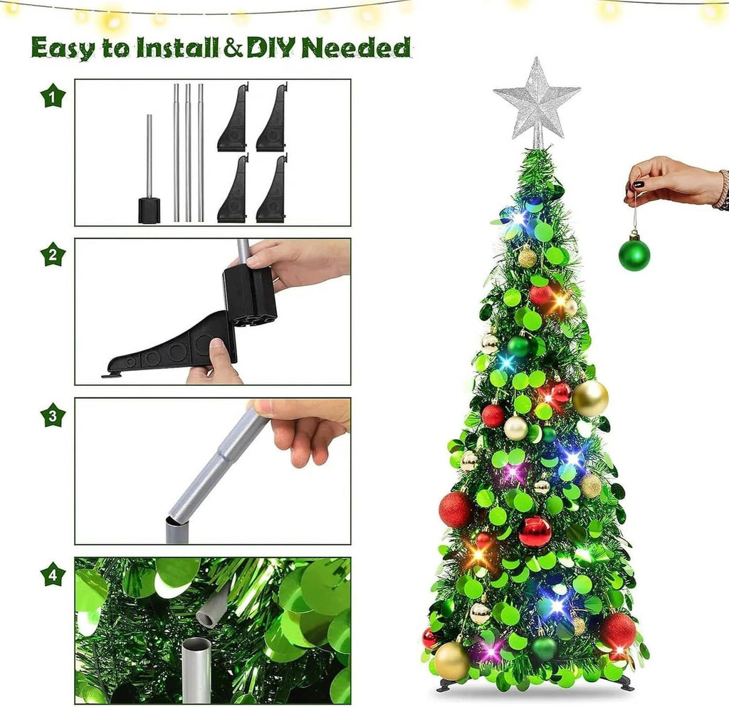 Green 3ft tinsel Christmas tree with silver star topper and multicolor LED lights during setup
