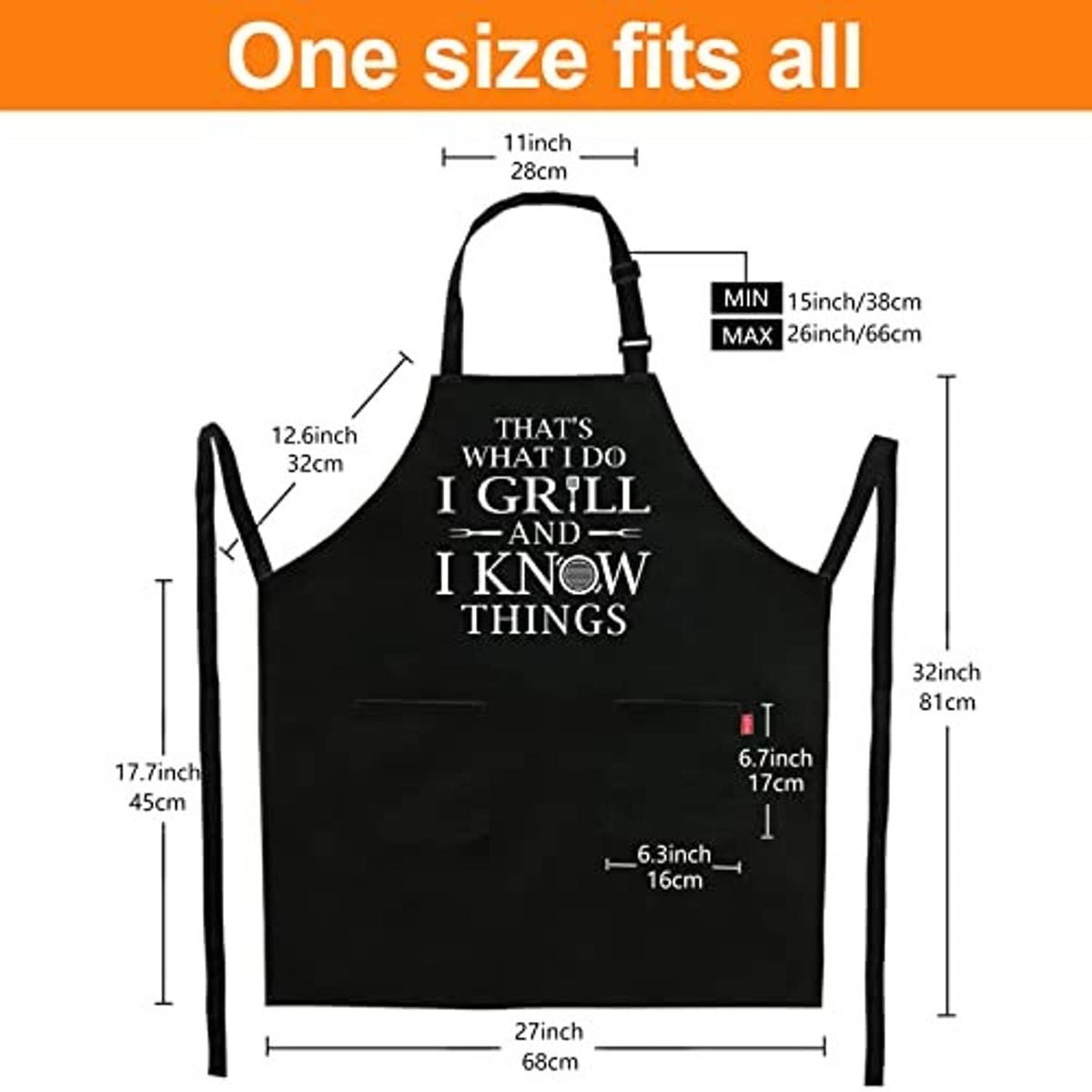 Black grilling apron size diagram with adjustable straps and front quote print