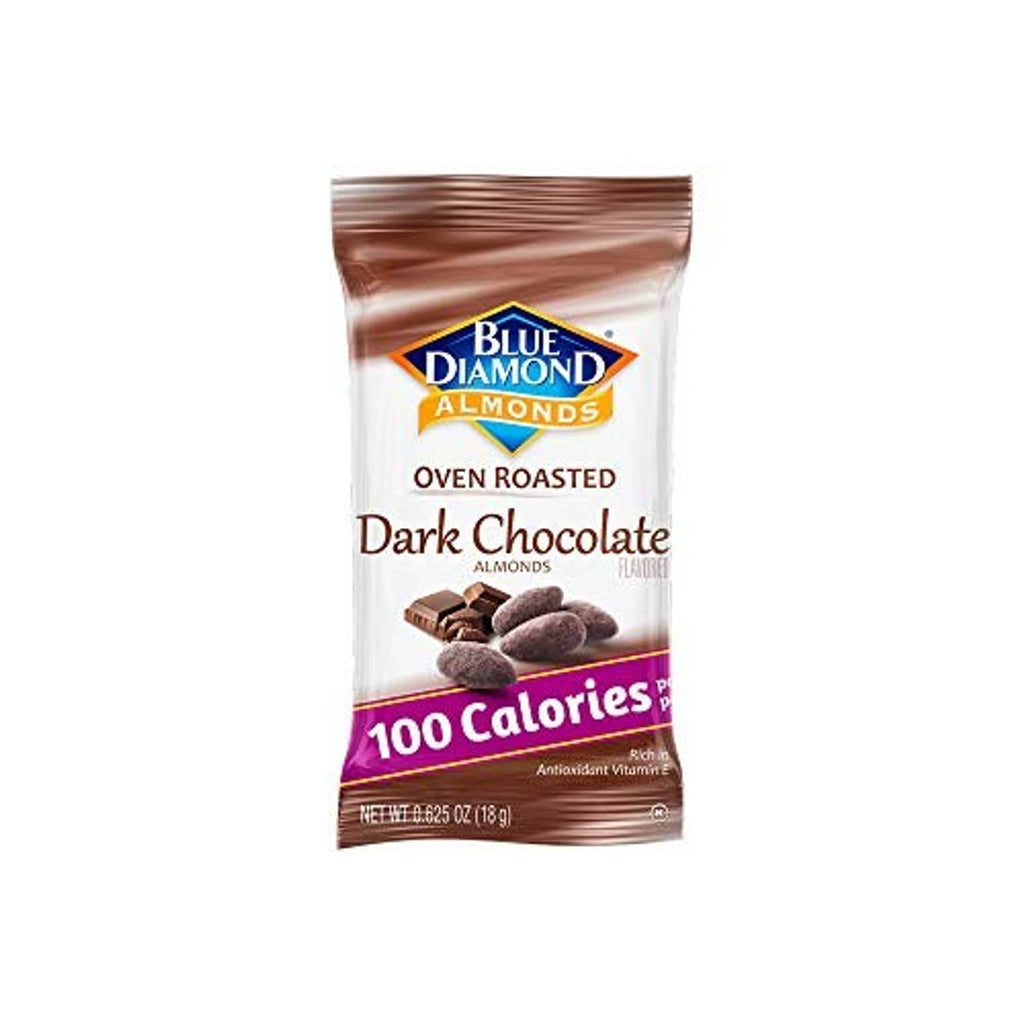 Stand-up pouch of Blue Diamond oven roasted dark chocolate almonds, 100 calories