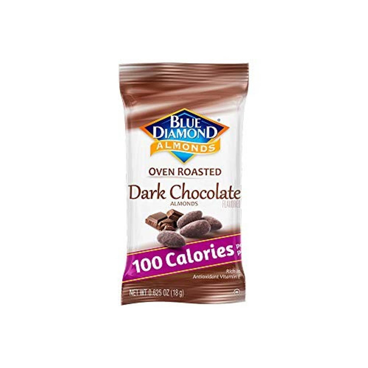 Stand-up pouch of Blue Diamond oven roasted dark chocolate almonds, 100 calories