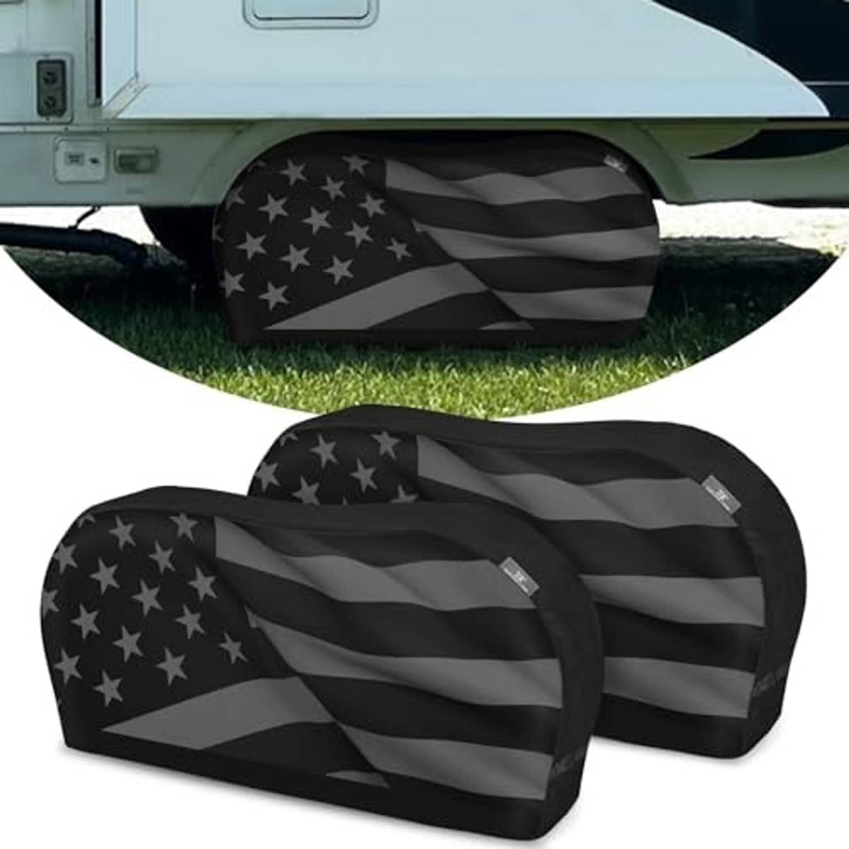 Two dual-axle tire covers in black with American flag star-and-stripe pattern, side view