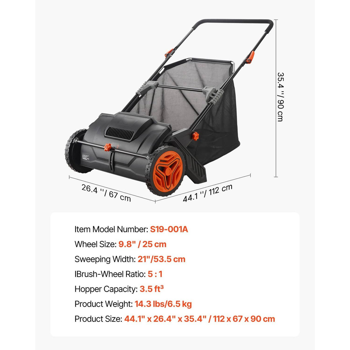 21-inch push lawn leaf sweeper with black hopper bag and orange wheel brush