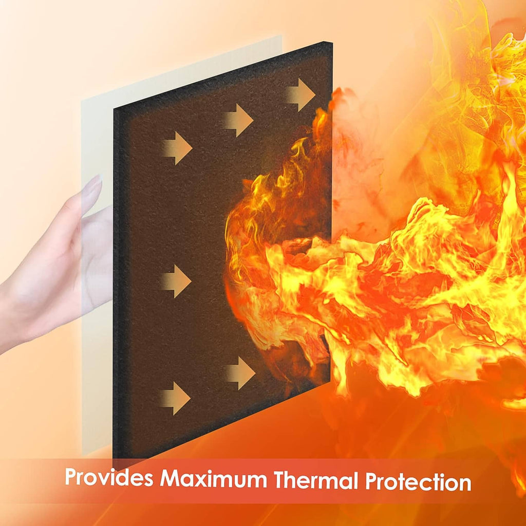 Black fireproof welding blanket panel held on wall as flames flare
