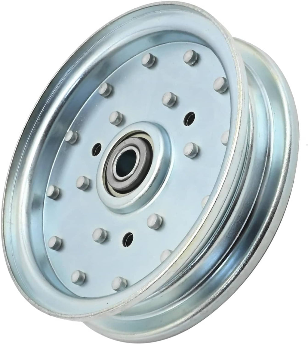Idler pulley wheel angled view with central bearing and bolt heads on light blue plate