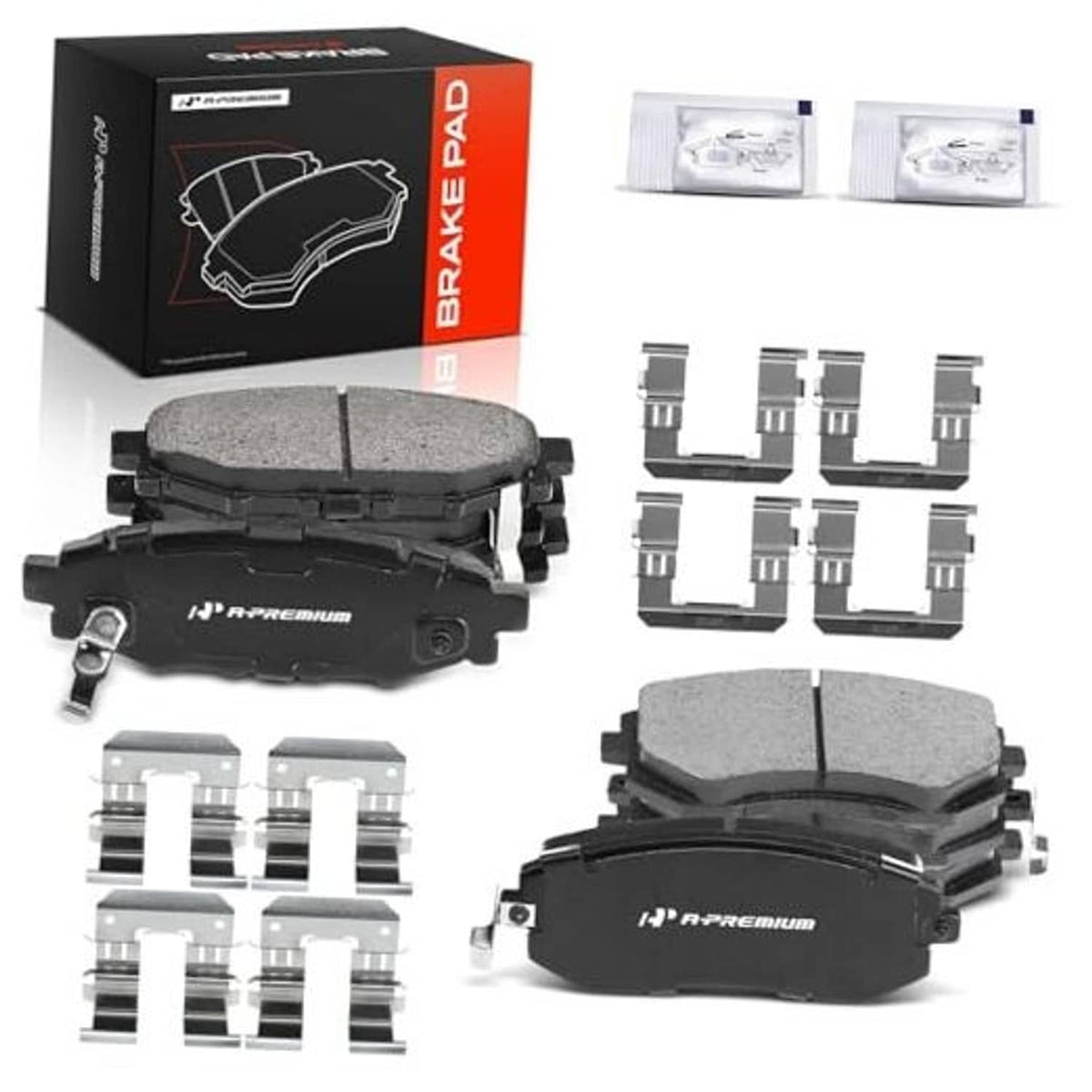 Ceramic front and rear brake pads set with mounting hardware, in box and loose pieces