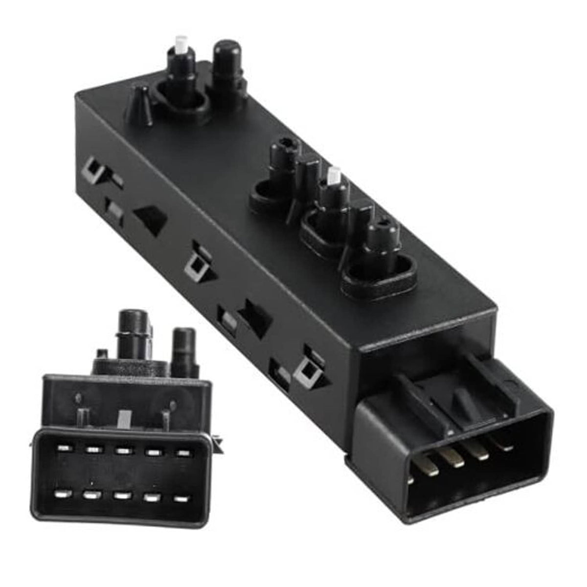 Power seat adjuster switch module with black housing and multi-pin connector