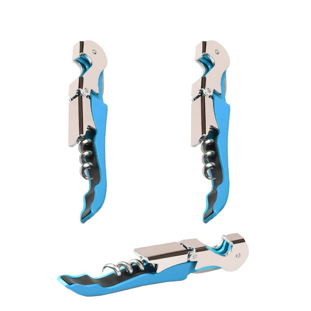 Blue waiter corkscrew wine opener set, two handheld tools with spiral cork screw