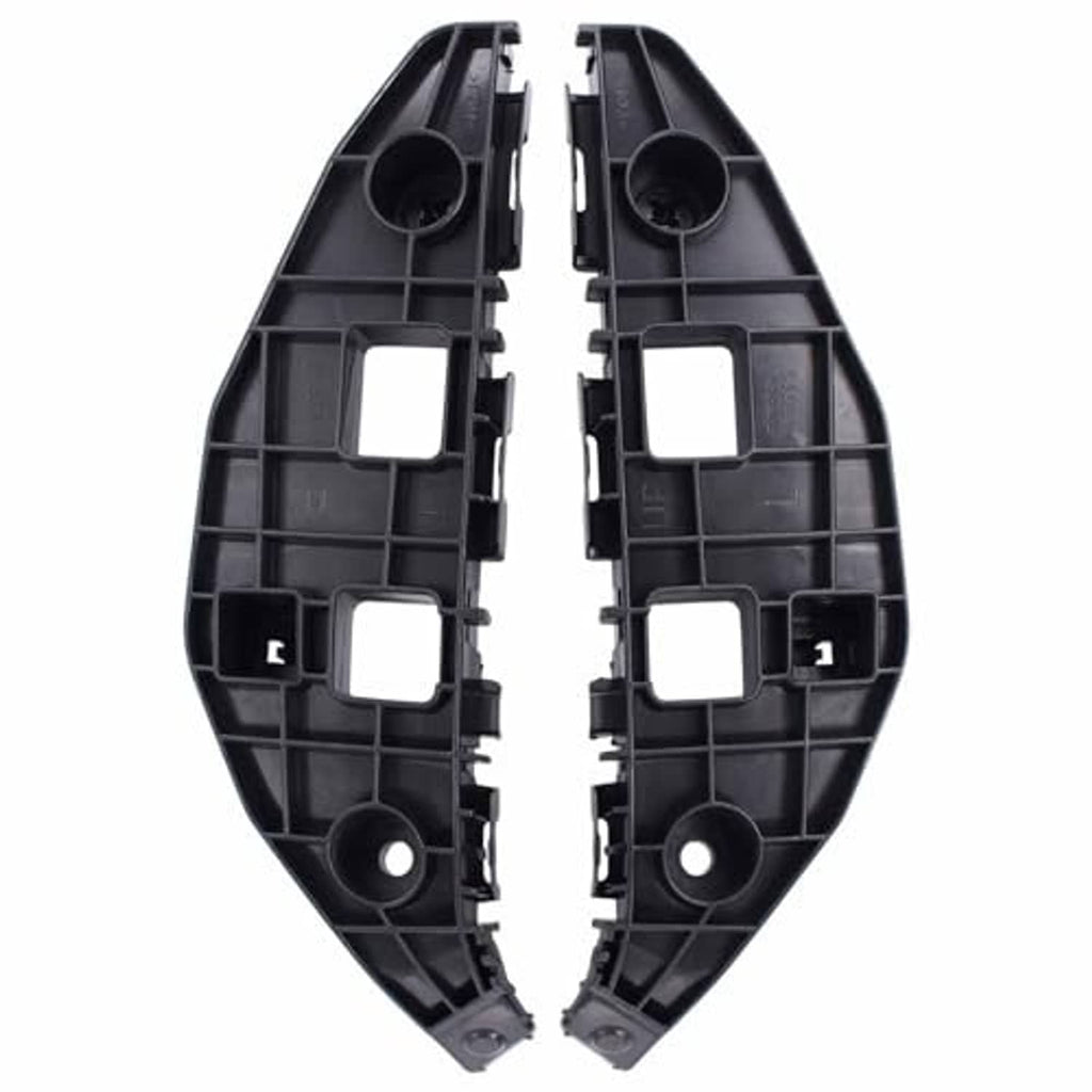 Two black front bumper bracket retainers, molded plastic with circular and square holes