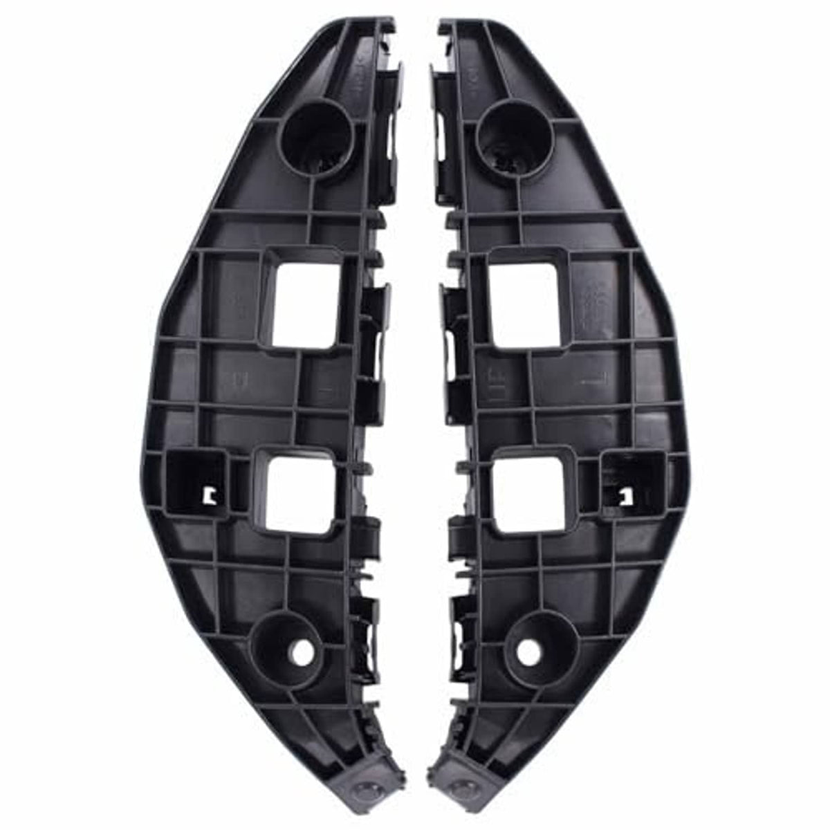 Two black front bumper bracket retainers, molded plastic with circular and square holes