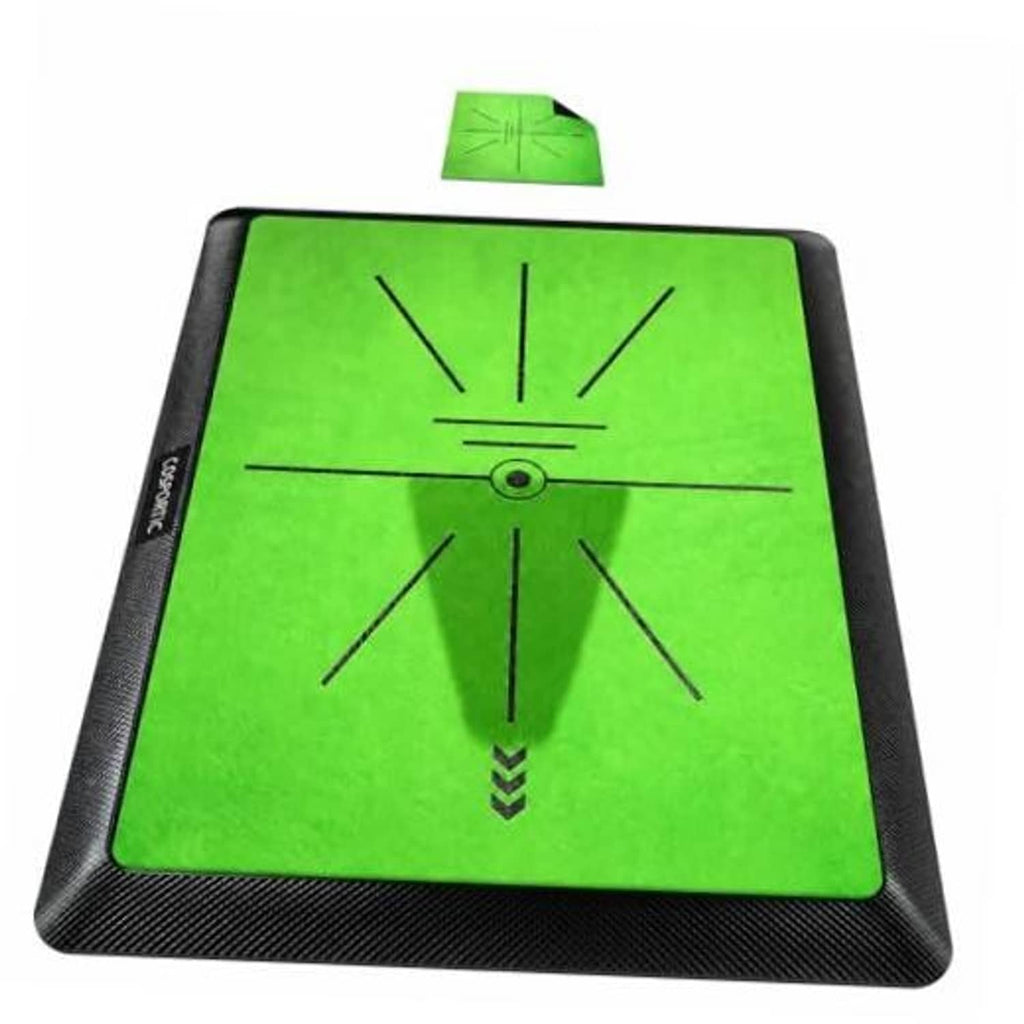 Green golf hitting mat with black textured frame and swing-path guide lines