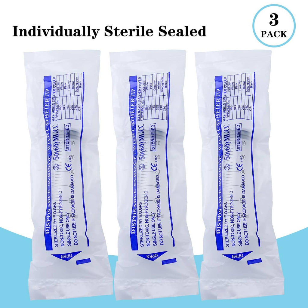 Three individually sealed 60 ml plastic syringes with caps, sterile packaging