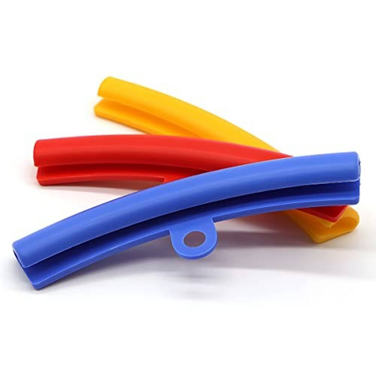 Red, blue, and yellow tire rim protectors with lanyard loop