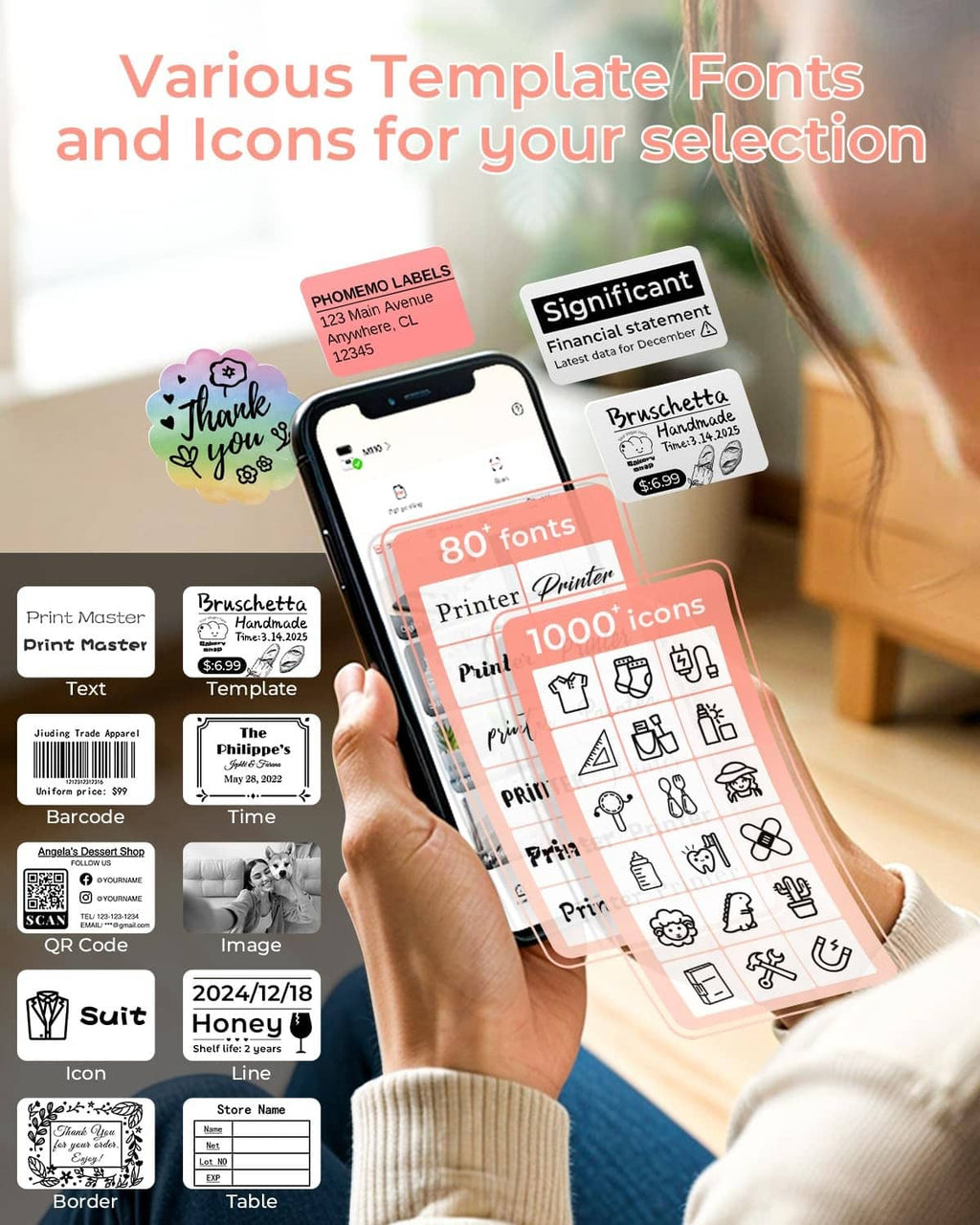 Pink label printer with phone showing label templates and icon options.
