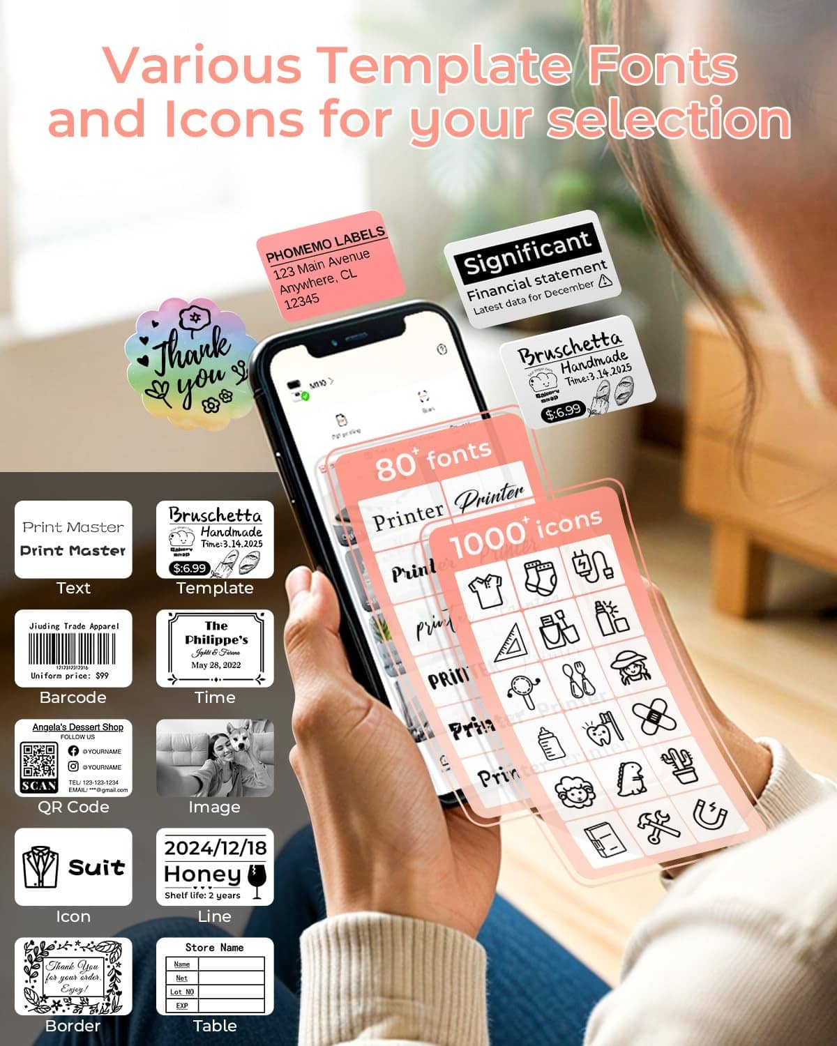 Pink label printer with phone showing label templates and icon options.