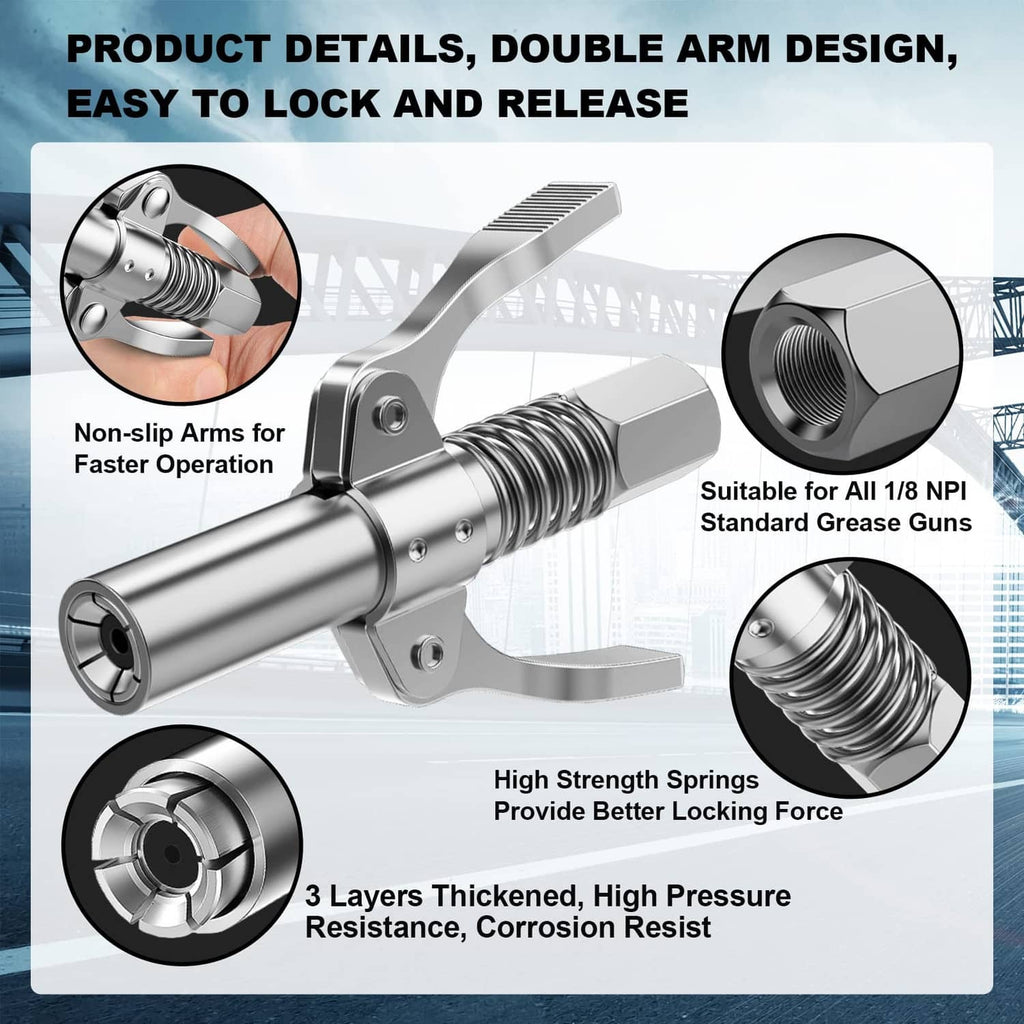 Grease gun coupler with double-arm spring clamp and textured non-slip arms
