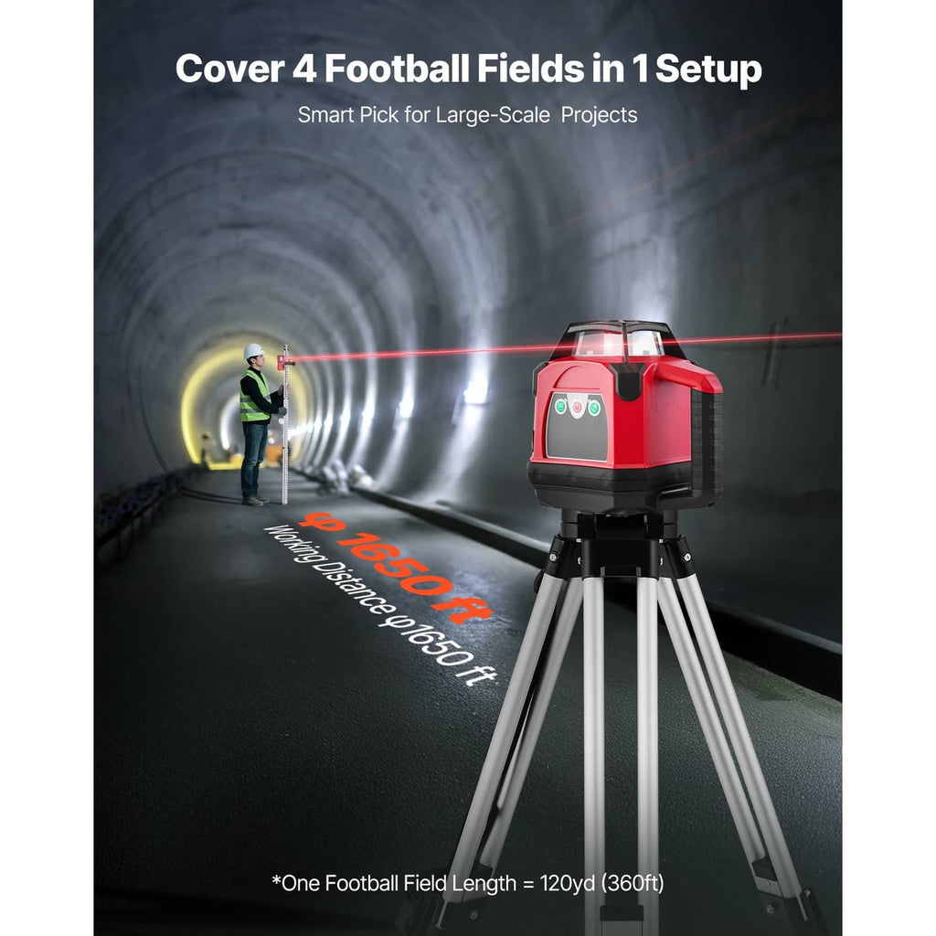 Red rotary laser level on tripod projecting red laser line in a tunnel