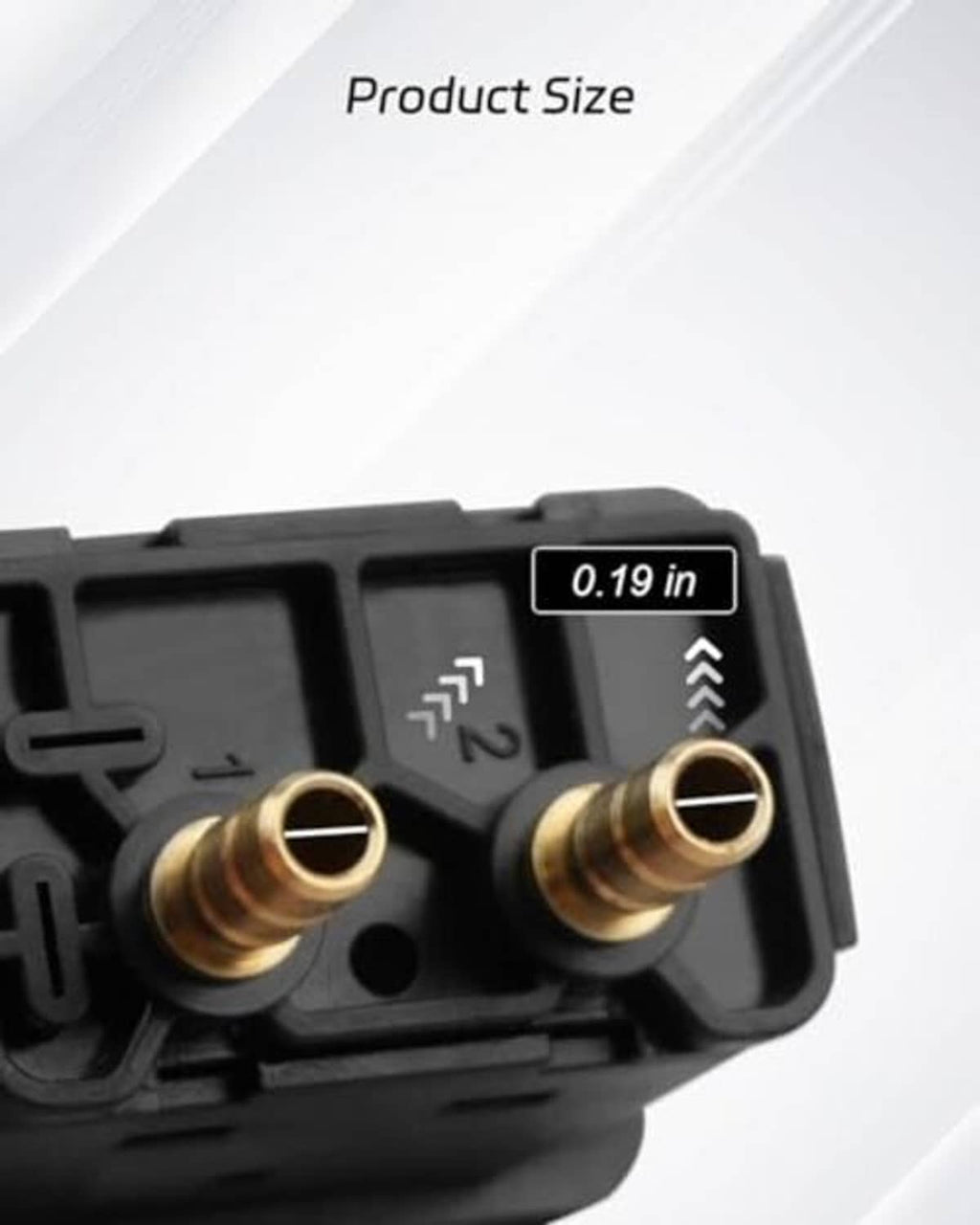 Manual paddle valve switch close-up showing brass ports and 0.19 in measurement.