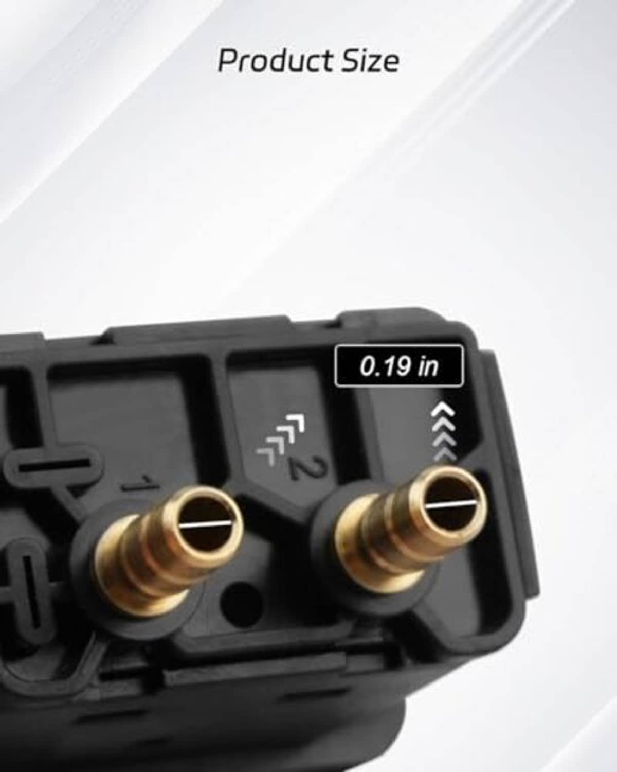 Manual paddle valve switch close-up showing brass ports and 0.19 in measurement.