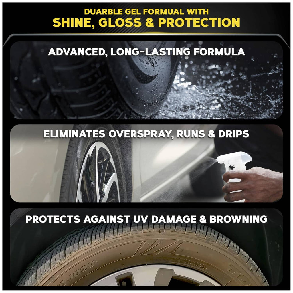 Black tire tread with visible water droplets and wet-looking wheel surface