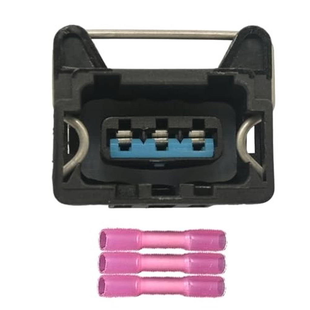 4-pin wiring harness pigtail connector, black housing, blue terminals, pink wire caps