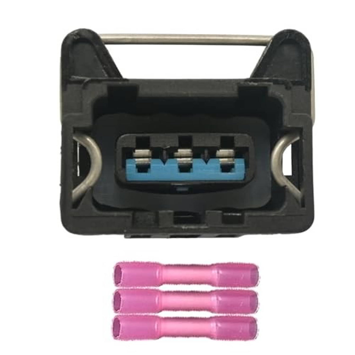 4-pin wiring harness pigtail connector, black housing, blue terminals, pink wire caps
