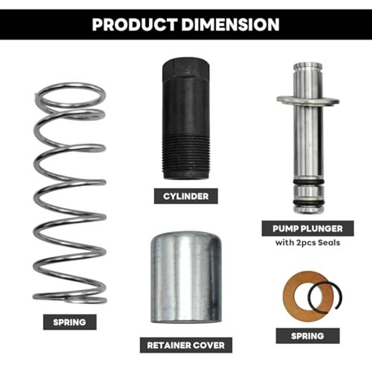 Hydraulic floor jack pump plunger kit diagram with labeled spring, cylinder, plunger, seals