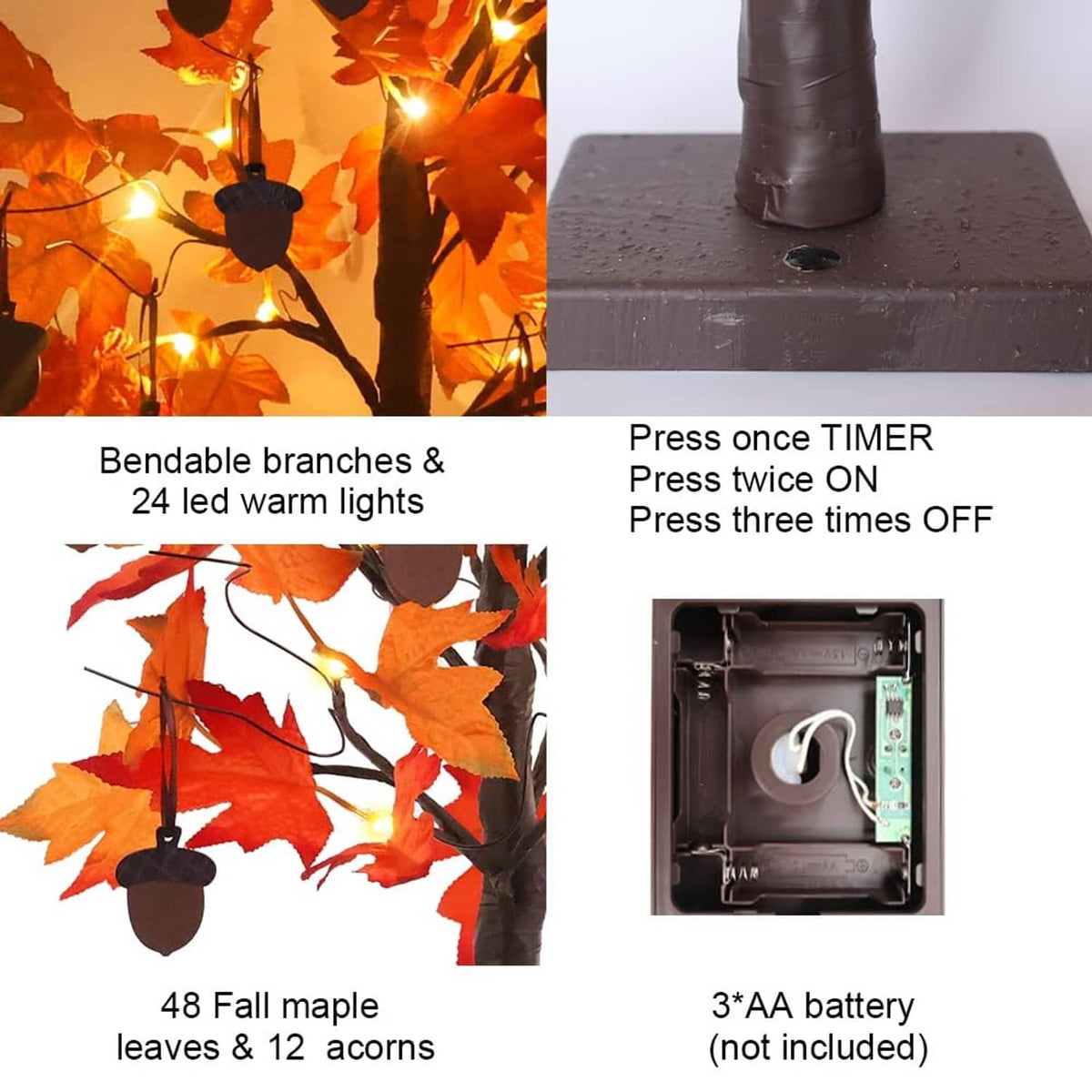Orange maple leaf tree decoration with warm LEDs, 12 acorns, and battery compartment