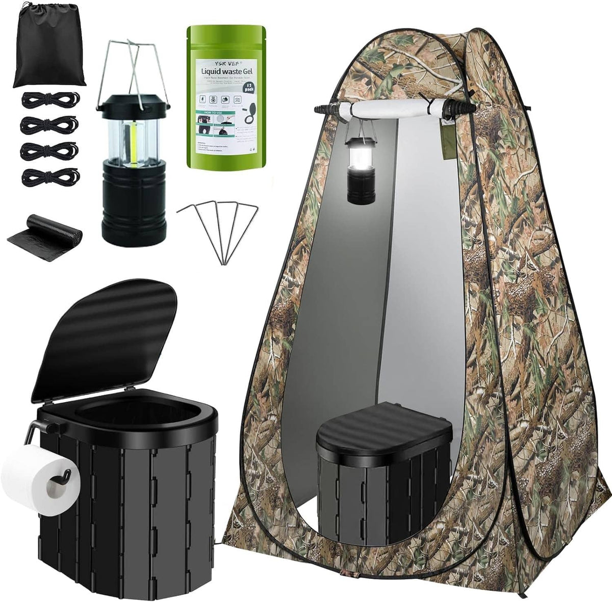 Camouflage pop-up privacy tent with portable camping toilet and waste bag holder