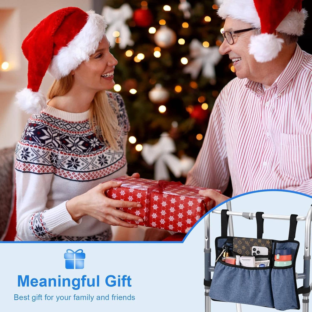 Blue denim walker bag with cup holder and storage pockets for walker handles
